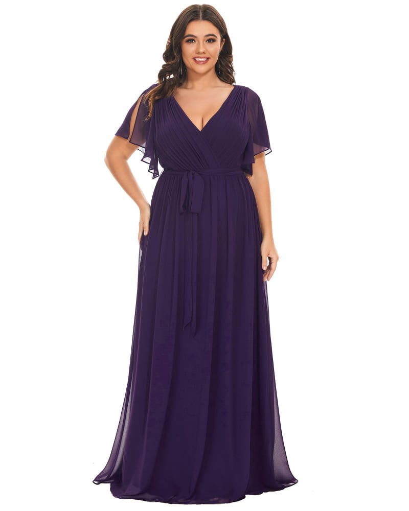 Front of a model wearing a size 12 A-Line Pleated Chiffon Tie-Waist Evening Dress in Dark Purple by Ever-Pretty. | dia_product_style_image_id:301748